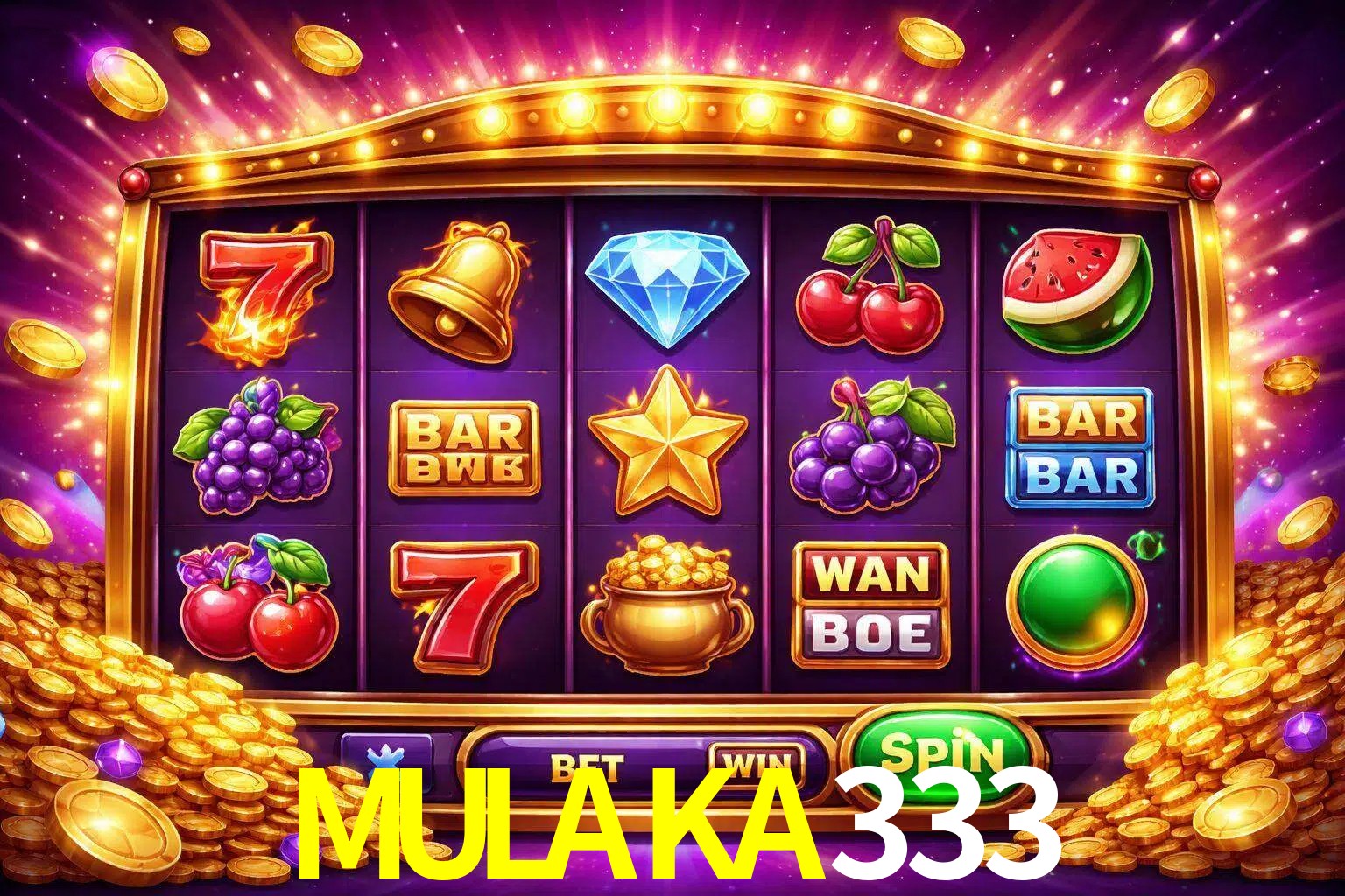 Una interfaz colorida de tragamonedas en línea con símbolos brillantes, monedas y un efecto de victoria celebratoria en MULAKA333.
